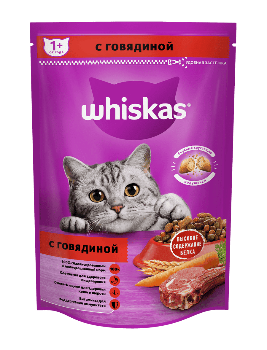 Сухой корм WHISKAS® с говядиной для кошек, 350 г — купить онлайн