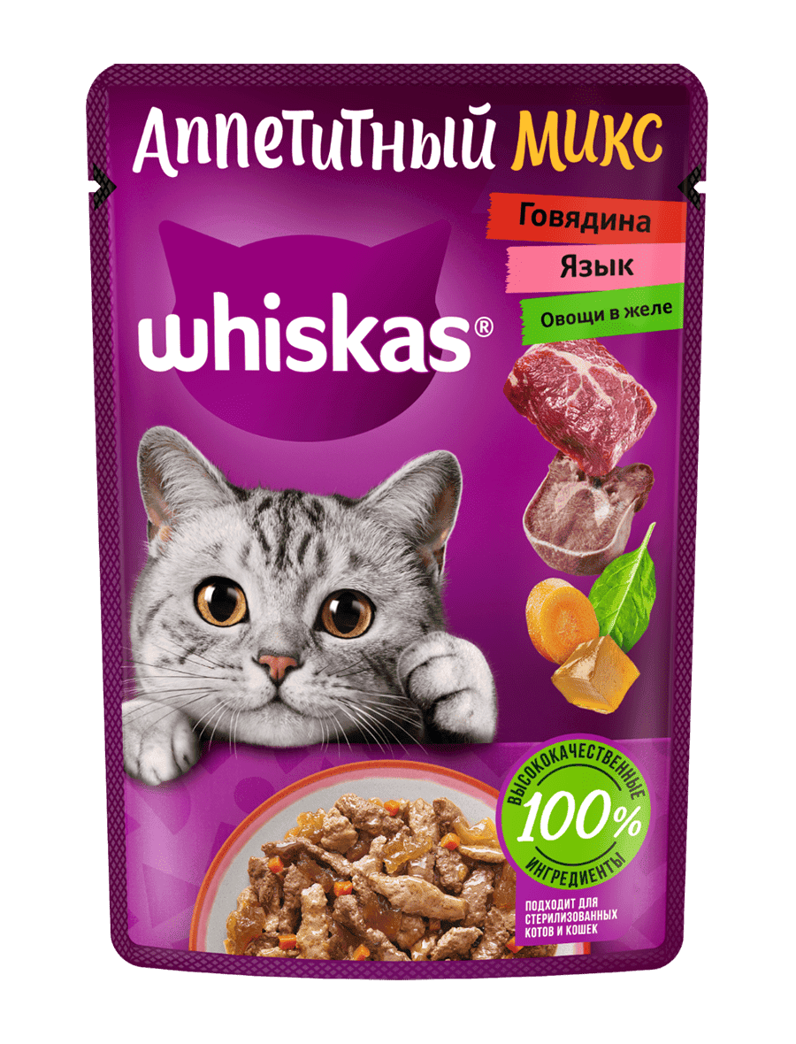 Влажный корм WHISKAS® для кошек — Аппетитный микс с уткой и курицей в  сырном соусе