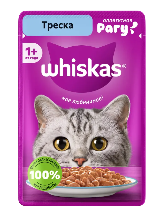 Упаковка: WHISKAS — Влажный полнорационный корм WHISKAS® для взрослых кошек и котов рагу с треской, 75 г