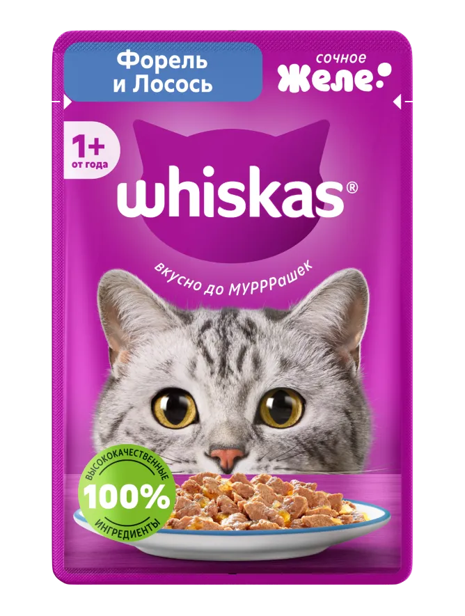 Упаковка: WHISKAS — Влажный полнорационный корм WHISKAS® для взрослых кошек и котов желе с форелью и лососем, 75 г