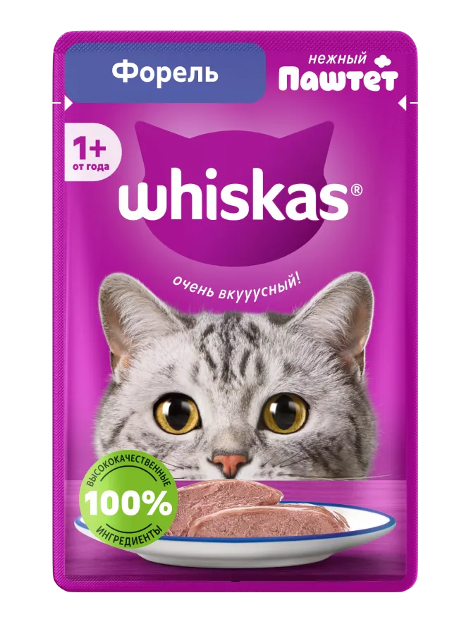 Упаковка: WHISKAS — Влажный полнорационный корм WHISKAS® для взрослых кошек и котов паштет с форелью, 75 г