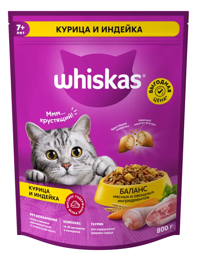 Упаковка: WHISKAS — Сухой корм Whiskas® для кошек 7+ «Подушечки с паштетом. Ассорти с курицей и индейкой» 350г